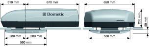 Dometic B2200 Motorhome Caravan Air Conditioner side and end views