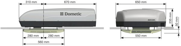 Dometic B2600 energy efficient Caravan Motorhome Air Conditioner end and side views