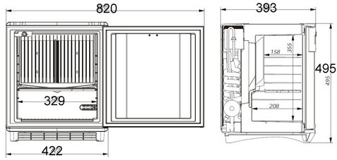 Freestanding front and side view dimensions of the ds200 minibar dometic fridge