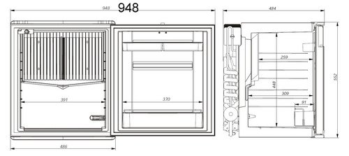 Front and side fridge view dimensions of the ds600 dometic minibar minicool silencio