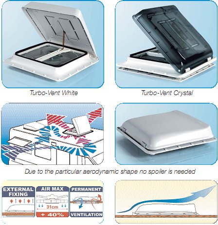 The Fiamma turbo vent in white or crystal.  Due to its aerodynamic shape the fiamma turbo vent does not require a spoiler