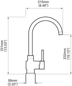 Dimensions of the Whale swan neck caravan and motorhome kitchen tap