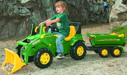 john deere tractor with maxi loader and half pipe trailer for kids