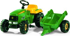 Small green tractor and trailer kids john deere ride on pedal toy