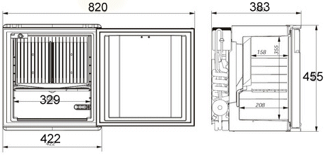 dimensions of the dometic DS200 minicool series fridges front and side view