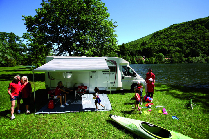 Fiamma F45 motorhome awning in a beautiful lakeside setting