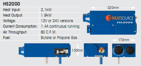 Propex heat input 2.1kw, heat out put 1.9kw, 12 volt or 24 volt versions 1.4 amps continuous running gas either propane or butane