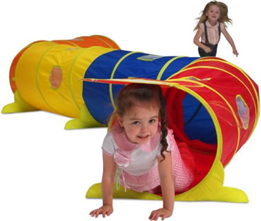 kids orange, yellow, blue and red childrens wiggle pop up tunnel