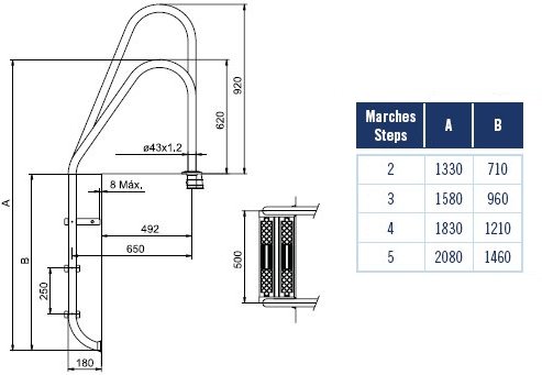 Standard Asymmetrical Swimming Pool Ladders with Flanges Diagram