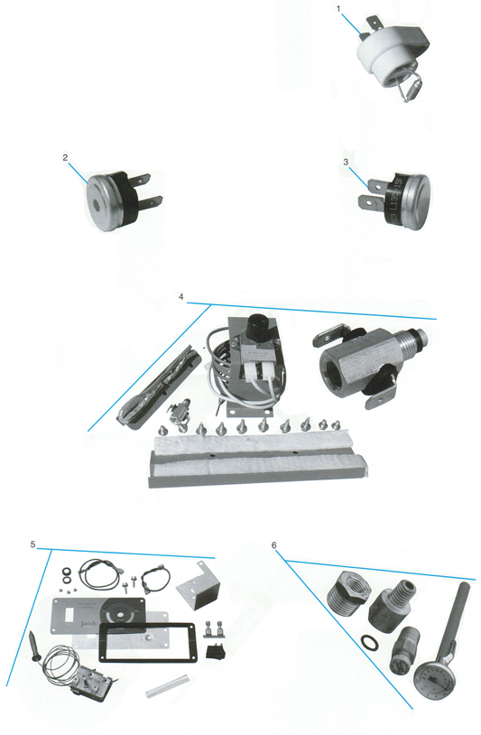 Laars swimming pool boiler spare control stat sets, fusible link, hi limit switch, energy cut off kit, thermostat temperature rise measuremnt kit, on off rocker switch.